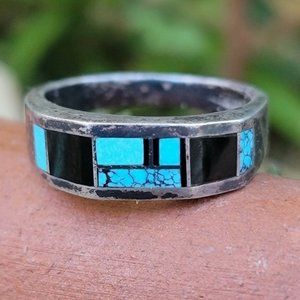 Native American handmade vintage solid sterling turquoise onyx inlay ring